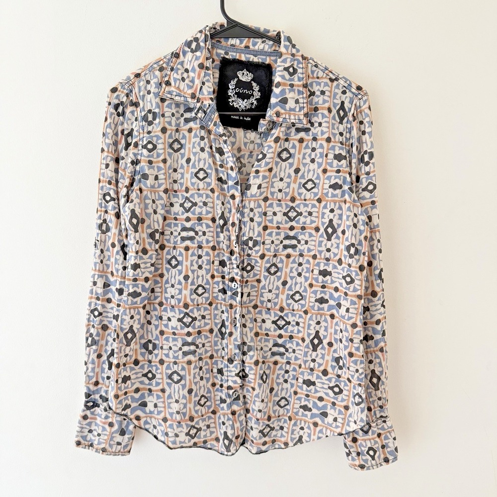 Cino Button Down Shirt Womens XS Lightweight Cotton Tile Print Coastal Boho